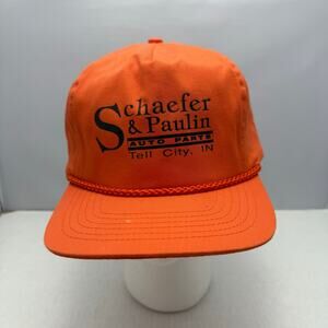 Vtg Schaefer & Paulin Auto Parts Tell City IN Orange Rope Trucker Hat